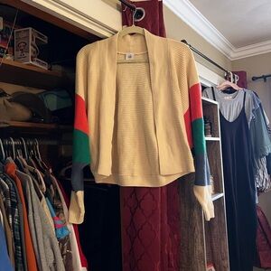 CAbi Beige Cardigan with Vibrant Sleeves